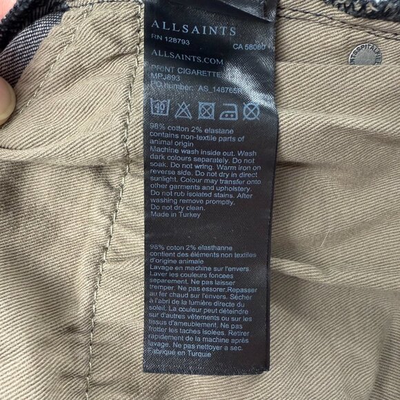 All Saints Jeans Mens 32 Pants Black Cigarette Skinny Fit Faded Dark Wash Denim - Picture 10 of 11